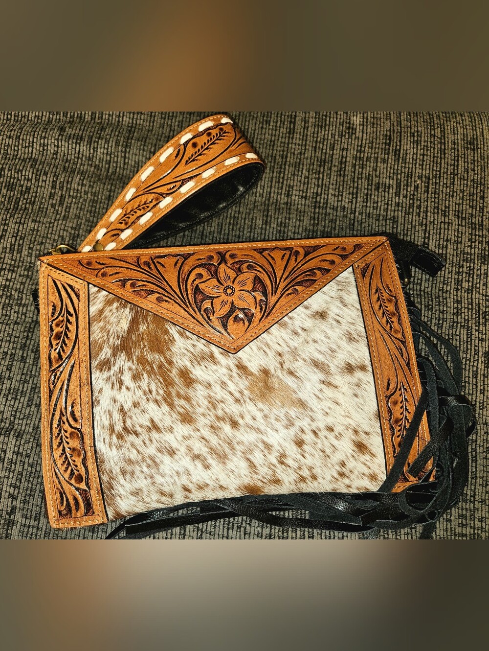 Western Hand-Tooled Leather & Cowhide Wristlet Crossbody Clutch